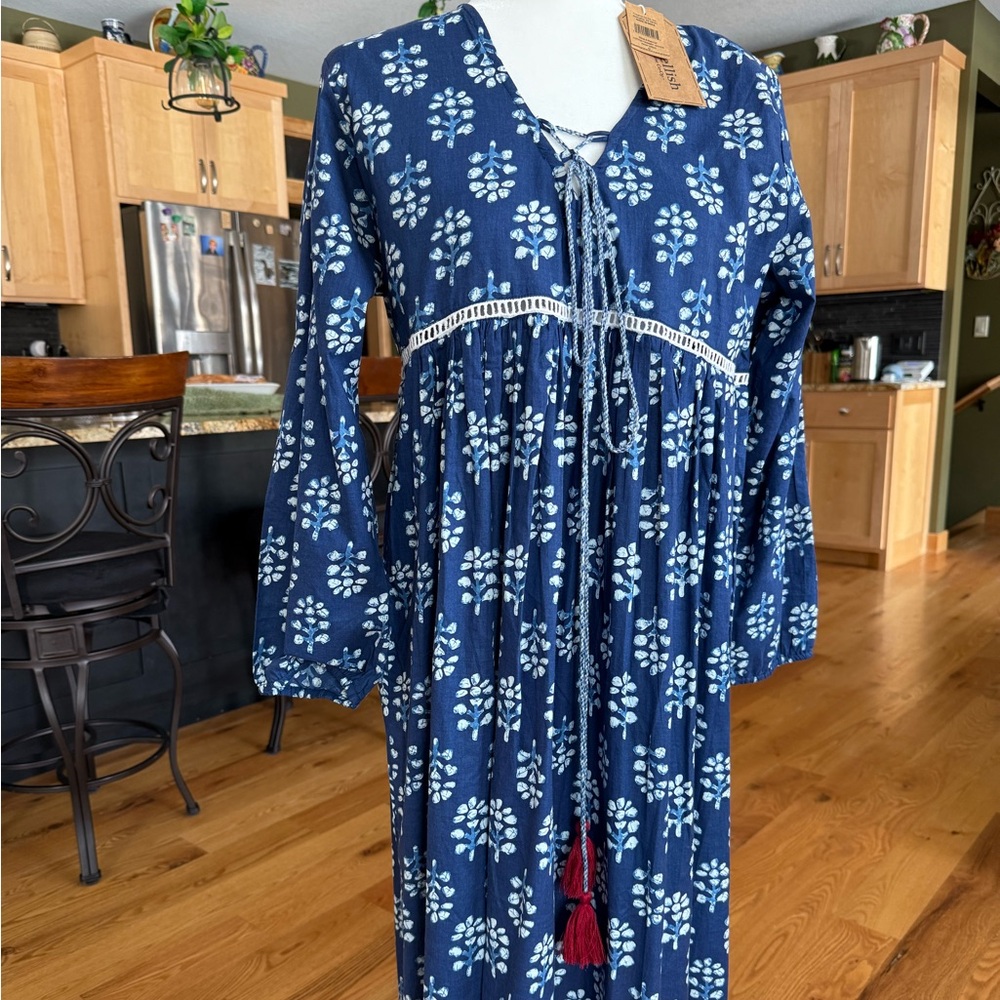 Creative Co-Op Navy Blue Floral Long Sleeve Maxi Dress